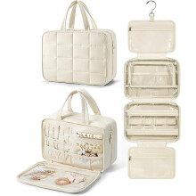 Reistoilettas met sieradenorganizer, hangende make-uptas, opbergtas voor make-up, essentiële handbagage – beige