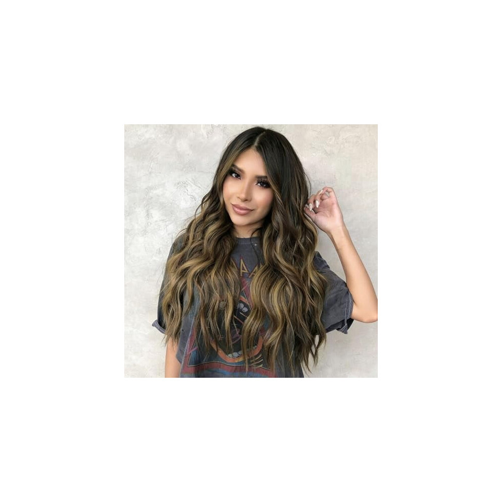 Unisex Brown Wigs For Women With Blonde Highlight Lace Hairline Wig Middle Part Synthetic Wig For Daily Party-26 Inch