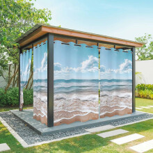 Cortinas externas impermeáveis com estampa de praia, paisagem oceânica, design moderno com ilhós para pátio, varanda, gazebo, jardim e pérgola