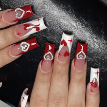 Lot de 24 faux ongles longs en forme de cercueil, décorés de cœurs, couvrants, cadeau idéal pour la Saint-Valentin
