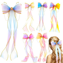 6 pinzas para el cabello con lazos coloridos, borlas de cinta, encaje arcoíris y acabado iridiscente – Compatibles con accesorios para el cabello
