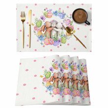 Set de 4 suporturi de masă cu iepuri de Paște – ouă roz/albastre, flori și eucalipt, acuarelă, antiderapante, lavabile, interior/exterior