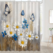 Maalaistyylinen sinivihreä kukkakuvioinen suihkuverho, päivänkakkara- ja perhoskuvio, turkoosi kylpyhuoneverhosetti koukuilla (60x72")