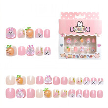 Lot de 24 faux ongles à coller pour enfants, en forme de lapin et de carotte en 3D, effet tenace, style 3