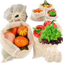 8 bucăți reutilizabile din plasă de bumbac pentru produse, 4 dimensiuni (2XL + 2L + 2M + 2S), pungi de plasă pentru legume, pentru frigider,