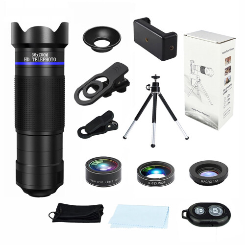 Kit téléobjectif 36x pour iOS et Android : télécommande Bluetooth 3 en 1, trépied, objectif grand angle 0,63x, objectif macro et objectif