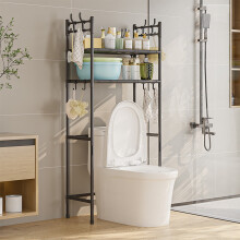 Étagère de rangement pour toilettes, en acier inoxydable, à 2 niveaux, avec crochets, design autoportant et peu encombrant, pour articles de