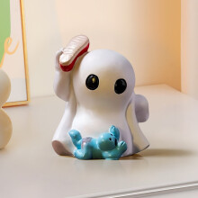 Kawaii-Geisterstatue aus Keramik – Halloween-Dekoration – Schreibtischornament mit Schleife und Polka-Dots – Niedliche gotische Figur –