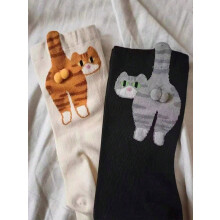 2 Pairs Cute Cat & Bell Mid-Calf Socks, Funny 3D Abstract Design, Summer Casual Crew Socks