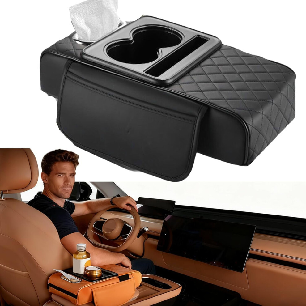 Waterproof Pu Leather Car Armrest Box Mat, 5-In-1 Organizer With Cup Holder, Phone Slot & Tissue Box Â Compatible With Most Cars 9327961701748