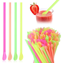 100 Pack Snow-Cone Spoon Straws, Mixed Colors Disposable Plastic Straw, 8"
