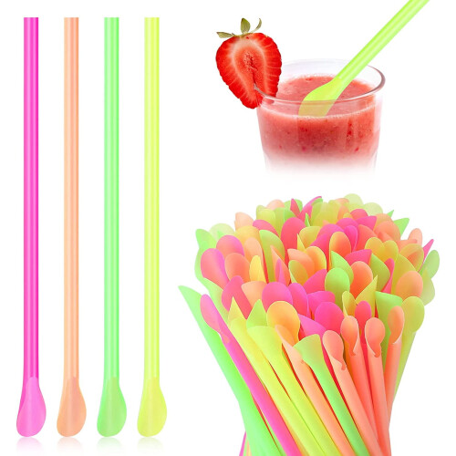 100 Pack Snow-Cone Spoon Straws, Mixed Colors Disposable Plastic Straw, 8"