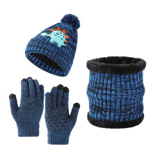 AWZXDE Dinosaur Themed Winter Knit Hat Scarf Mittens Set Kids Hats And Gloves Cozy Thermal Ear Warmer Cap Neck Warmer For Kids Blue