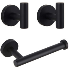 Modern Matte Black 3-Piece Bathroom Hardware Set Toilet Paper Holder and 2X Towel Hook Wall Mounted SUS 304 Stainless Steel AG1401B-BK