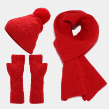 Women's Red 3-Piece Winter Set: Pom Pom Beanie, Fleece-Lined Knit Hat & Wrist Warmer Gloves – Skiing Gift, Compatible with Cold Weather