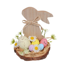 Houten paasornament voor op het bureau, natuurlijke houten paashaas, nest met eieren, tafeldecoratie, kleine rustieke lente-vakantiedecoratie voor