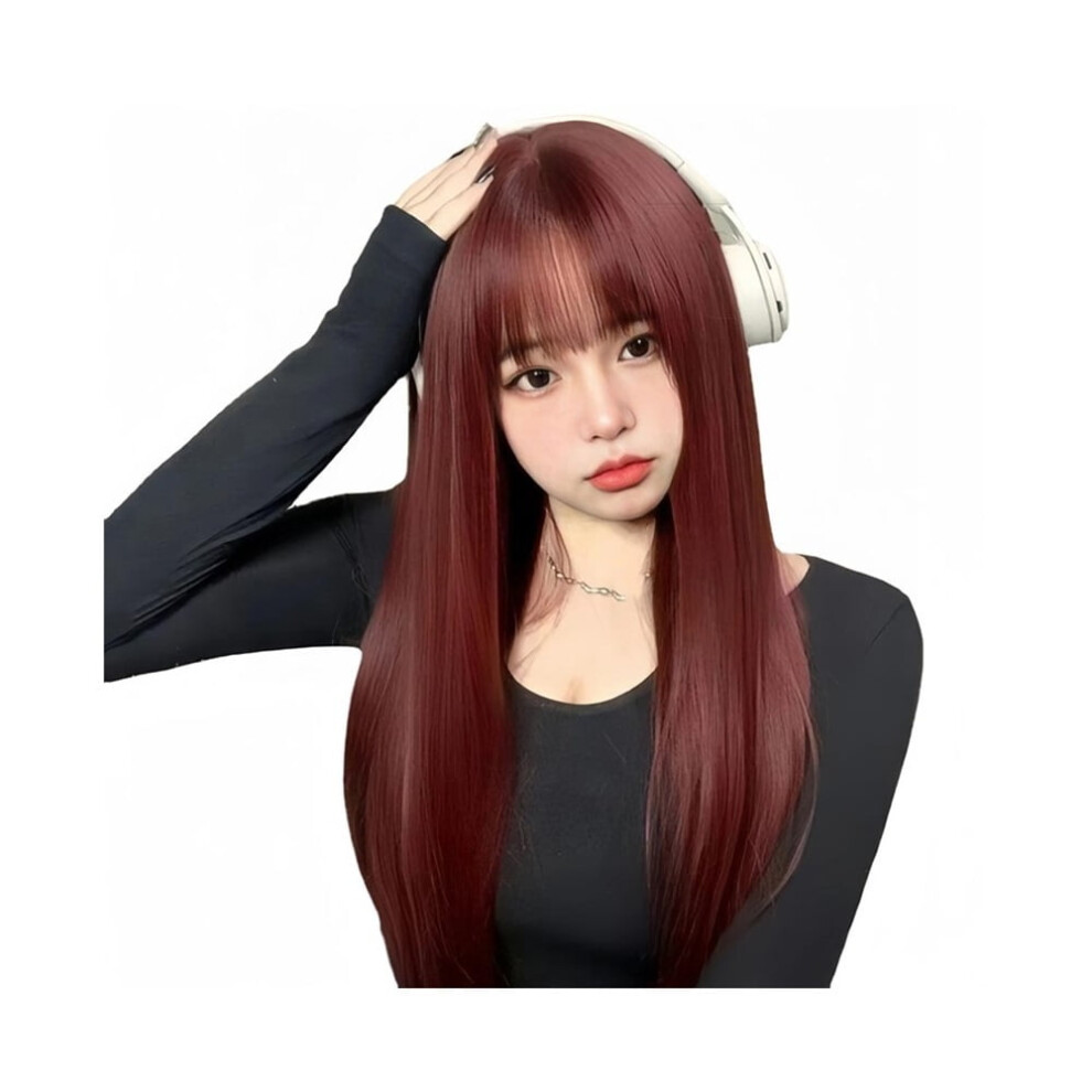 Wig Female Wine Red Long Straight Hair Synthetic Fiber High Temperature Silk Wig Head Cover