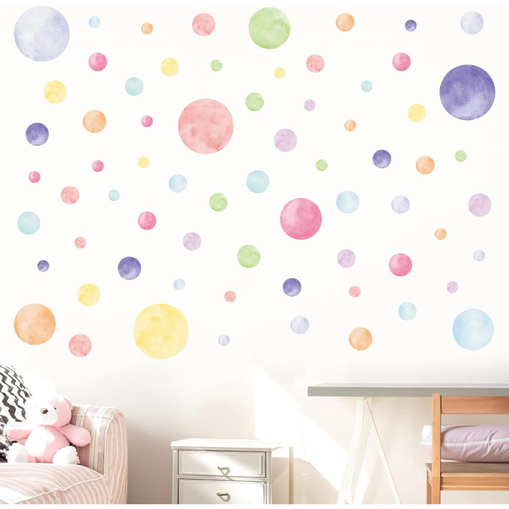 68 Large Watercolor Polka Dot Wall Decals, Peel and Stick Vinyl Stickers for Girls Bedroom, Nursery, Playroom, Classroom Pastel Decor