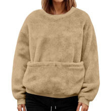 Women's Funny Christmas Jumper with Cat/Dog Pocket, Long Sleeve Crew Neck Sweater, Loose & Super Soft, Khaki, XXL