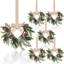 Conjunto de 6 Mini Coroas de Cedro de 15 cm com Laços de Fita – Decoração Artificial de Cedro e Pinha para Janela/Porta, Decoração de Festa de