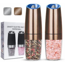 Gravity Electric Salt & Pepper Grinder Set (2-Pack, Copper), Adjustable Coarseness, Battery-Powered with LED Light, Compatible with AAA Batteries