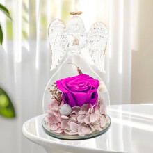 Preserved Dark Purple Rose in Glass Dome with Angel Figurine – Birthday, Valentine's Gift for Mom, Grandma, Wife – Compatible with Real Colorful