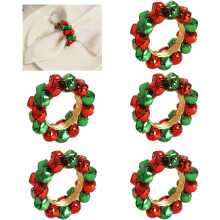 Christmas Napkin Rings Set of 6 – Red & Green Jingle Bell Serviette Holders for Holiday Table Decor, Parties, Dinner