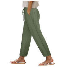 Womens Linen Pants High Waisted Elastic Drawstring Lounge Trousers Summer Casual Side Split Beach Pants with Pockets AG, M