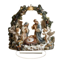 Paasversieringen, ronde kerststal met een royaal Mariabeeld, kersttafereel, religieuze paasdecoratie, religieuze woondecoratie voor binnen.