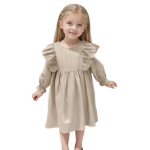 Princess Gown for Girls 4-6, Long Sleeve A-Line Dress with Ruffles, Soft Fabric, Casual Crew Neck – Khaki 90