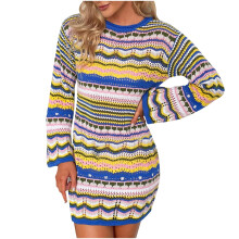 Dam Virkad Stickad Miniklänning Långärmad Färgglad Randig Mesh Casual Tröja Klänning Sommar Strandkläder