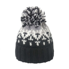 Damen-Strickmütze im Fair-Isle-Stil, warme Wintermütze mit Bommel