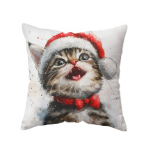 Housse de coussin chat en lin imprimé sapin de Noël 45 x 45 cm