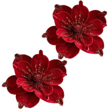Fleurs de Noël artificielles de magnolia, tiges vertes et rouges, 2 pièces