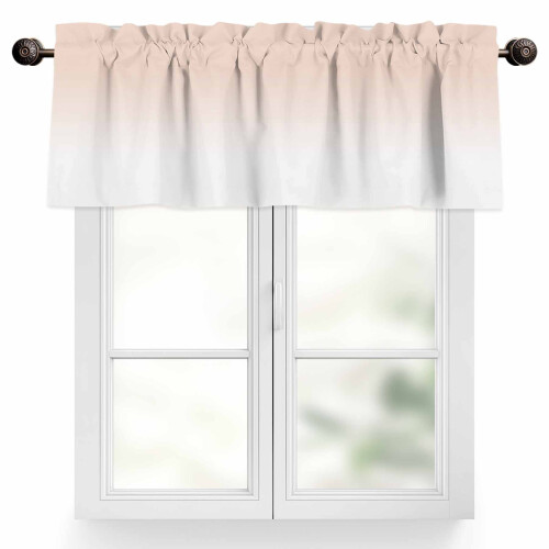 Cortinas Dreamy Peach de 42x18 polegadas, com degradê rosa/branco e bolso para varão, filtram a luz e são compatíveis com varões padrão.