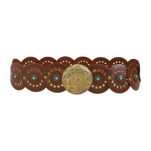 Cinto vintage turquesa feminino, elegante, com disco redondo, em couro PU, para calças jeans e estilo cowgirl.