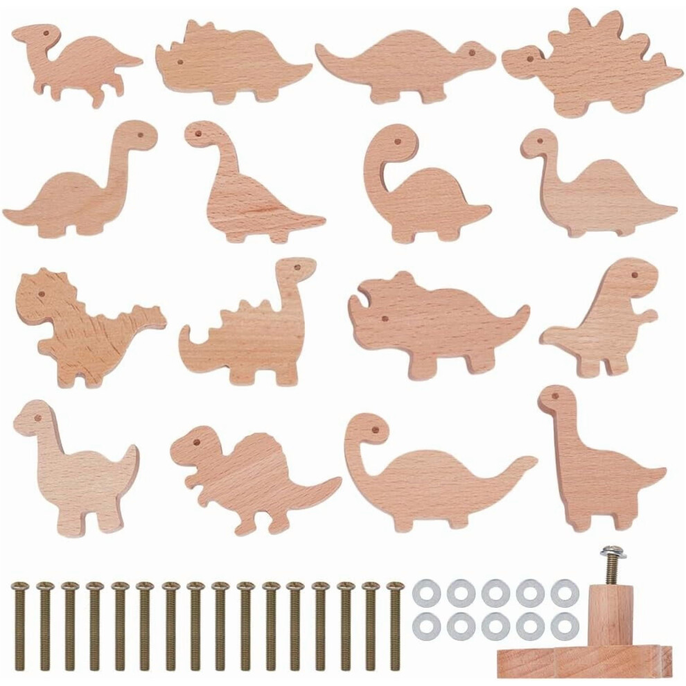 16Pcs Wooden Animal Cabinet Knobs Dinosaur Wood Drawer Knob Decorative Wooden Dresser Knobs Natural Wood Drawer Pulls With Screws 9340959231676