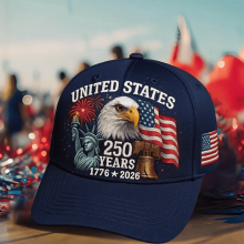 USA-Jubiläumskappe – Blaue/Beige Baseballkappe mit goldener Adlerstickerei und dem Aufdruck „United States250Years1776-2026“ – Patriotische