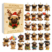 Féilire Aidbhinte Nollag Bosca Eitleáin Cothrom 2T le 24 Crochadán Pug Gleoite Aicrileach, Bronntanas do Theaghlach, Cairde, Maisiúcháin Baile &