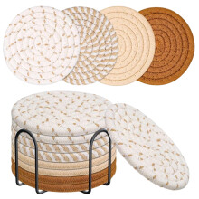 Set Of 8 For Drinks With Holder, Absorbent Cotton Woven, Cup For Coffee Table, Desk & Dining Table, Bohemian For Home & Tabletop Decor