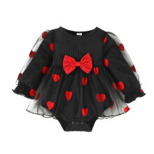 Roupa de bebê menina, body infantil de manga comprida para o Dia dos Namorados com bordado de coração, patchwork em tule, macacão confortável.