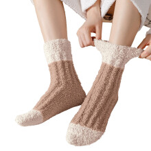 Women's Coral Velvet Socks Thick Cozy Home Socks with Cute Prints Non-Slip Winter Warm Mid-Crew Socks Khaki One Size