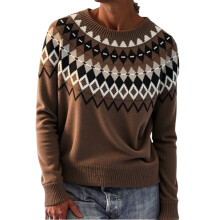 Women's Knitted Pullover Sweater Casual Loose Fit Geometric Print Round Neck Winter Fall Spring Tops Fashion Comfortable Soft Yarn