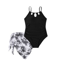 AWZXDE Girls One Piece Swimsuits Tropical Coconut Print With Mesh Skirt Fast Dry Beach Swimwear For Big Kids 7 12Y Black