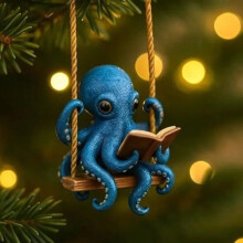 Décoration de Noël pieuvre lisant – Décoration plate 2D pour sapin, cadeau pour les amoureux des livres, présent mignon et créatif, compatible