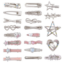 21 silberne Herz- und Sternhaarspangen, glitzernde Haarspangen mit Druckknopfverschluss, Doppelstern-Haarnadeln, Liebes-Haarschmuck für Damen –