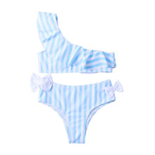 AWZXDE Two Piece Swimsuit For Girls Sport High Waist Bikini Set Stripe Bow Ruffle Bathing Suit For Outdoor Beach Blue