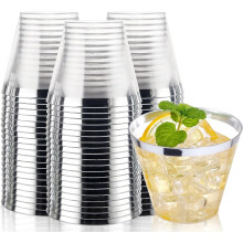 200pcs 9 oz Silver-Rim Disposable Plastic Cups, Clear Old Fashioned Tumblers, Elegant Cocktail/Wine Cups
