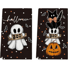Black Cat Pumpkin Ghost Halloween Kitchen Towels Dish Towels, 16x24 Inch Bats Jack-O'-Lantern Decoration Hand Towels Set of 2