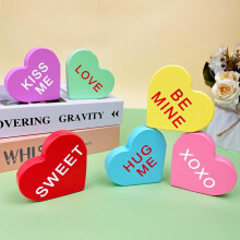 Valentine's Day Wooden Heart Signs – 6 PCS Candy-Shaped Decor for Table, Tiered Tray, Mantel; Compatible with Home/Office Decor
